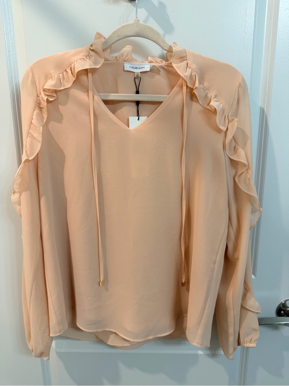 Calvin Klein Peach Tie-Neck Ruffle Blouse